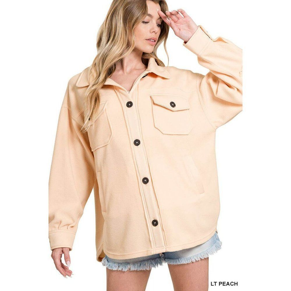 Zenana All About the Fleece Button-Down Shacket in Light Peach S-L QJ-4000Y - Picture 5 of 9